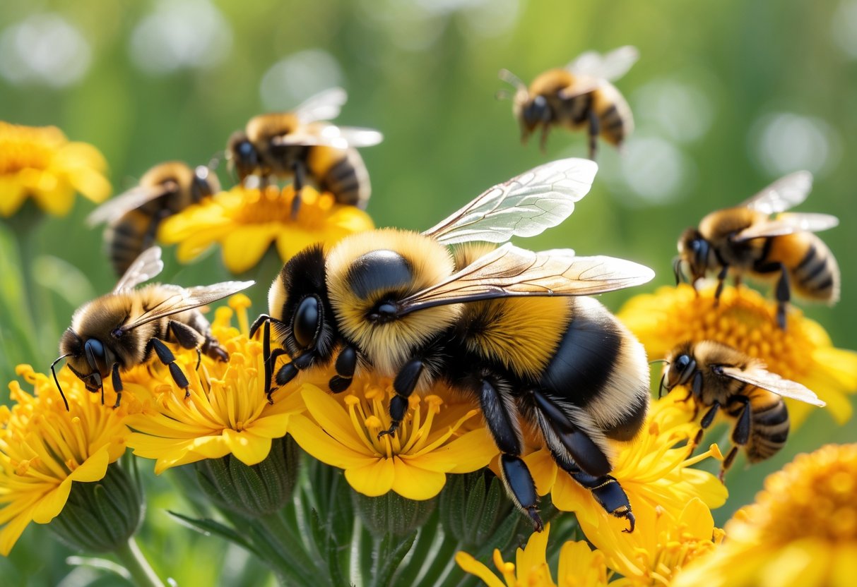 A queen bumblebee lying still on yellow flowers surrounded by active worker bumblebees in a meadow.