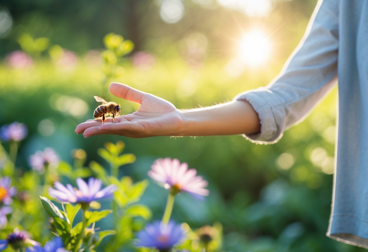 A person outdoors with a bee hovering close to their hand in a garden filled with flowers.