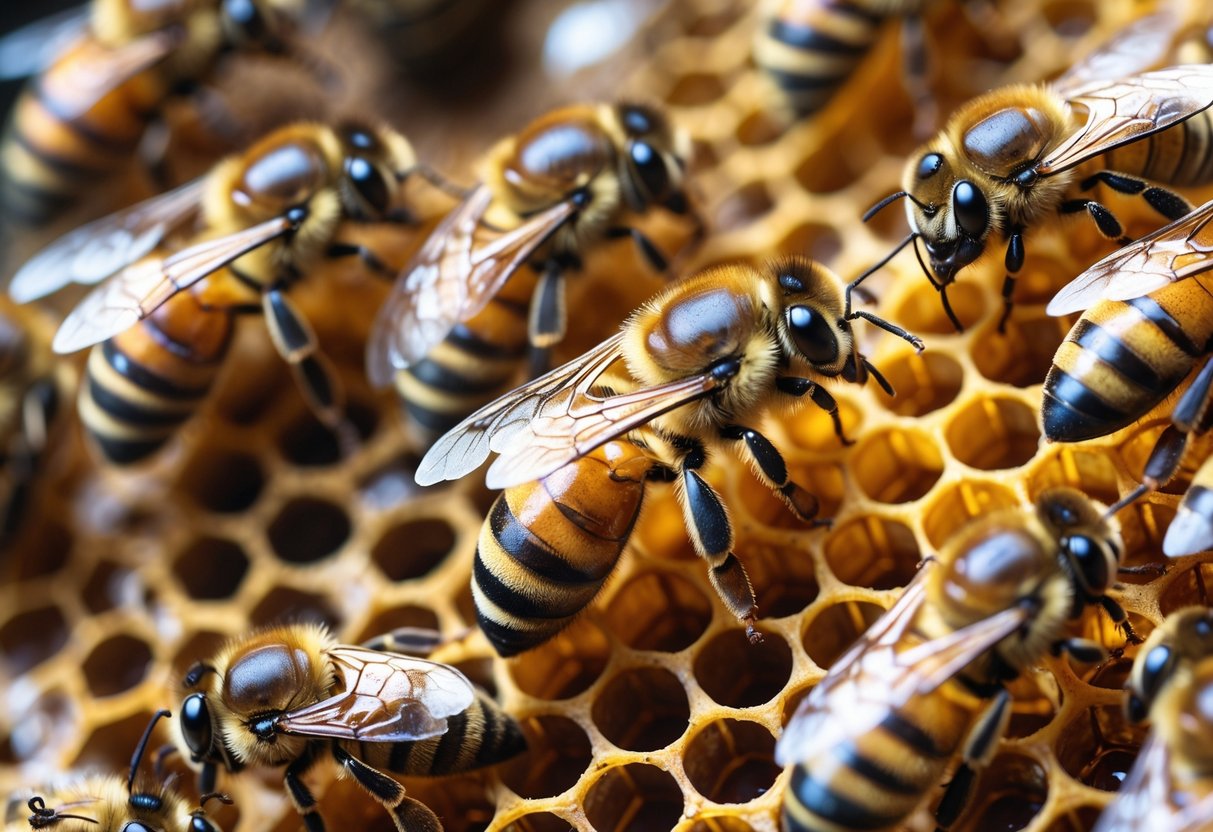 Close-up view of a queen bee surrounded by worker bees inside a honeycomb hive.
