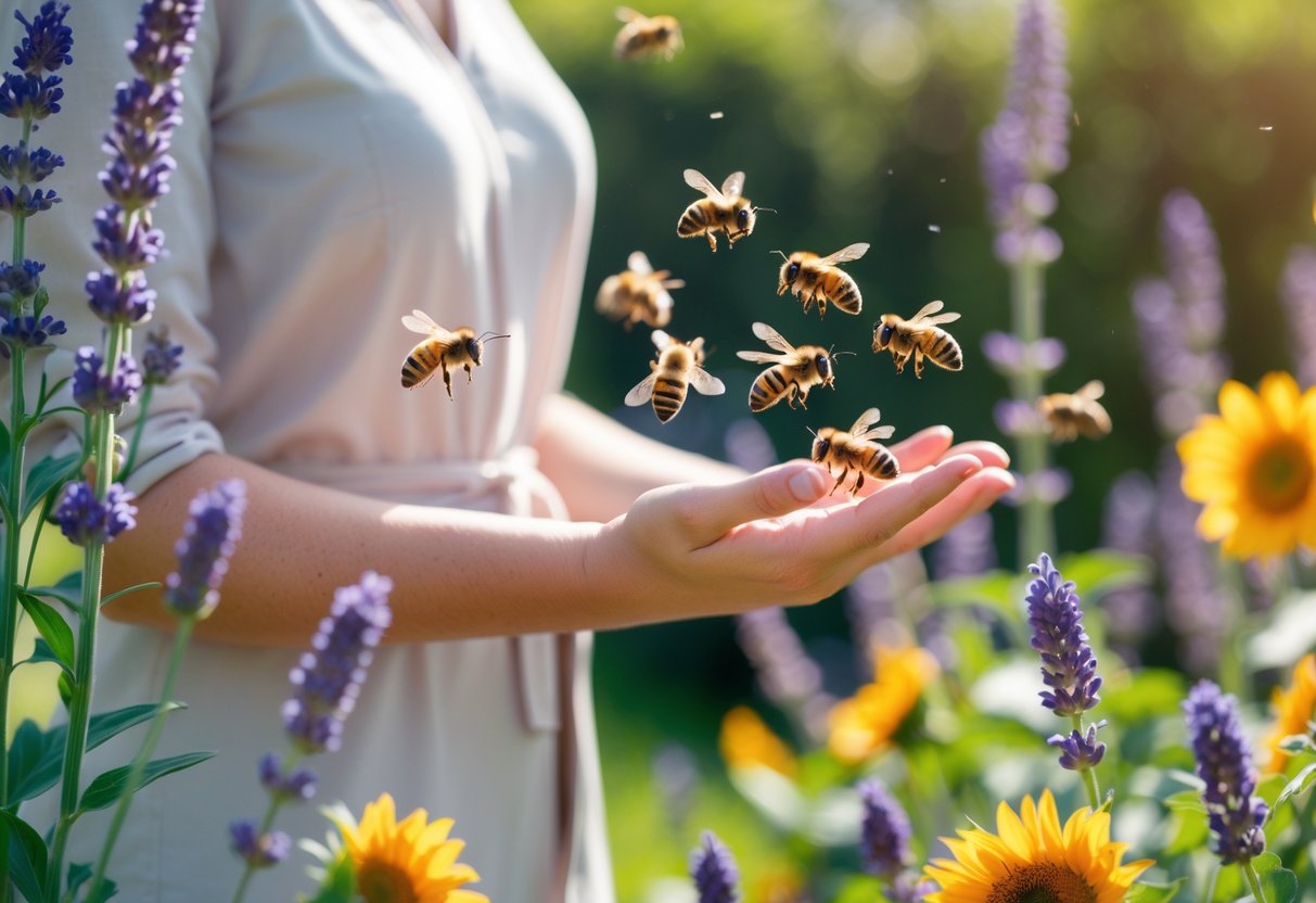 A person standing near blooming flowers with bees hovering around their hands and arms in a garden.