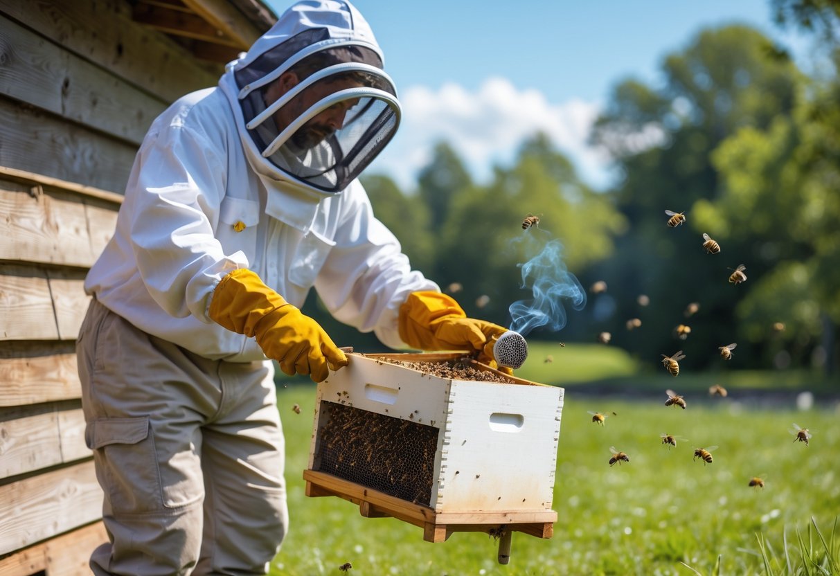A person in protective gear removing a beehive from the side of a house outdoors with bees flying nearby.