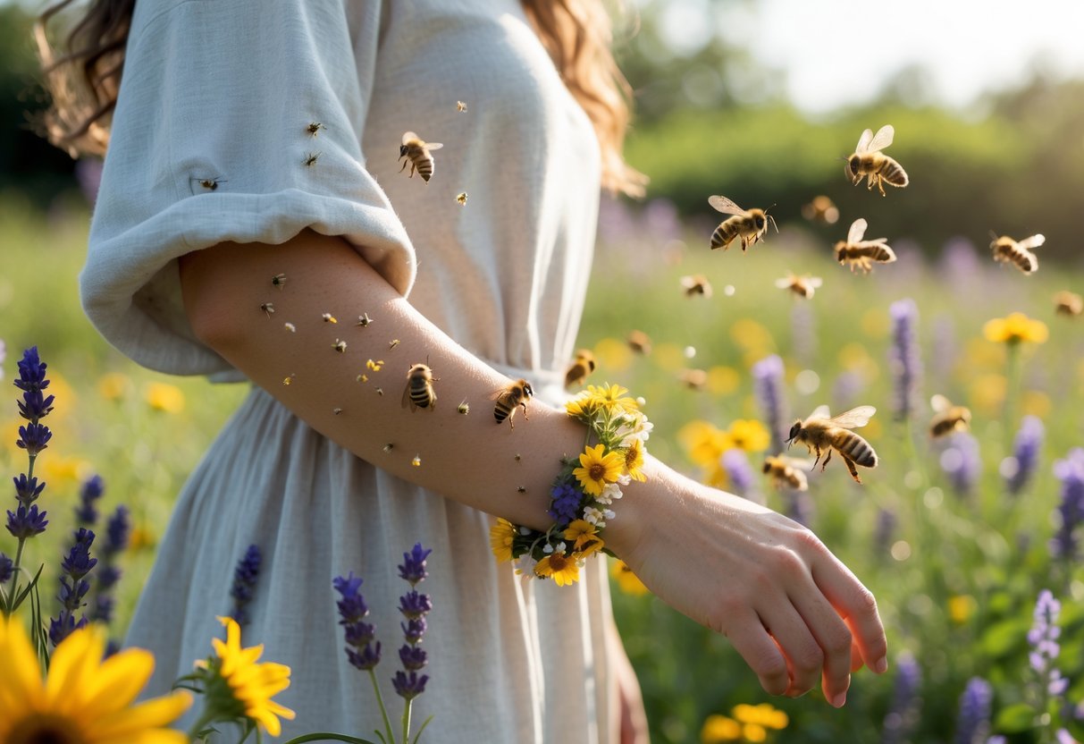 A person outdoors in a sunny garden surrounded by flowers with bees flying around them.