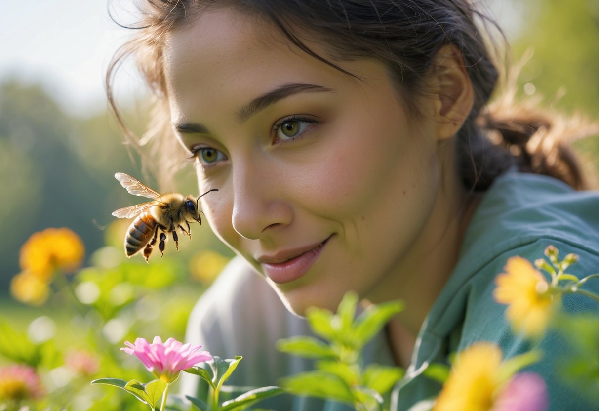 A person outdoors with a bee hovering near their shoulder in a garden setting.