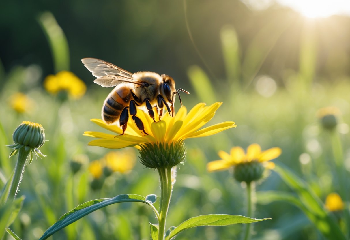 A close-up of a bee on a yellow flower surrounded by green plants and wildflowers.