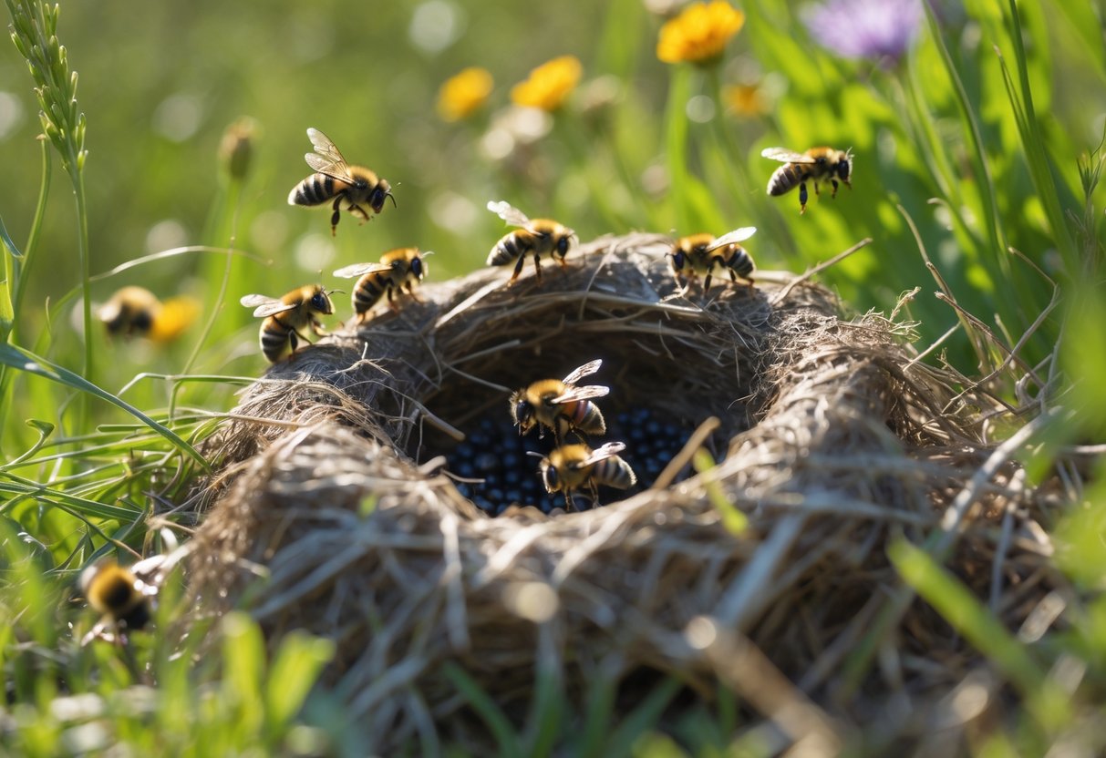 A close-up view of a bumble bee nest in grass with some bees flying around and others missing, showing a partially abandoned nest.