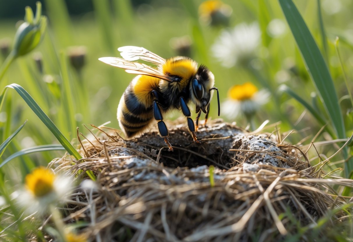 A bumble bee sitting at the entrance of its nest in a green meadow surrounded by plants.