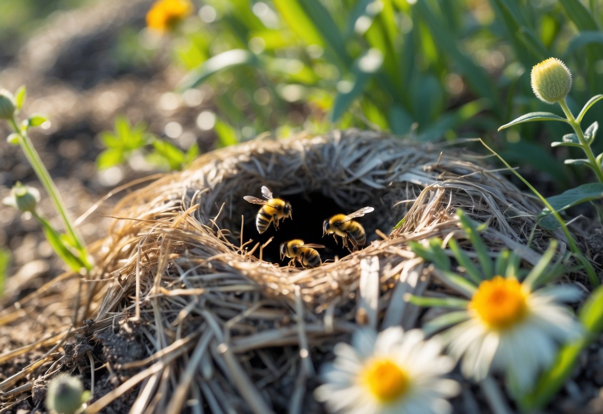 Close-up of a bumble bee nest outdoors with several bumble bees near the entrance surrounded by green plants and flowers.