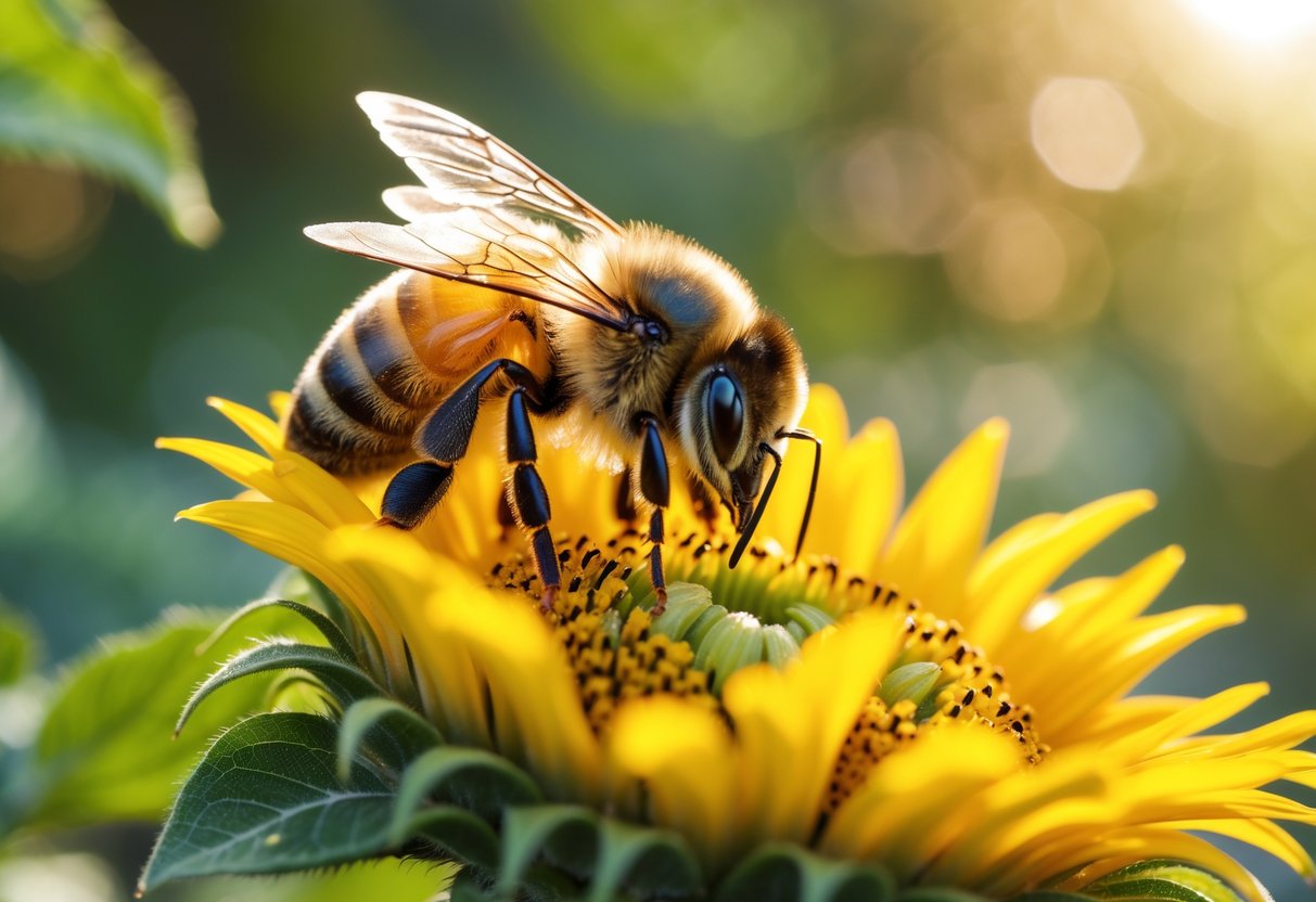 A honeybee collecting nectar on a bright yellow sunflower with green leaves in the background.