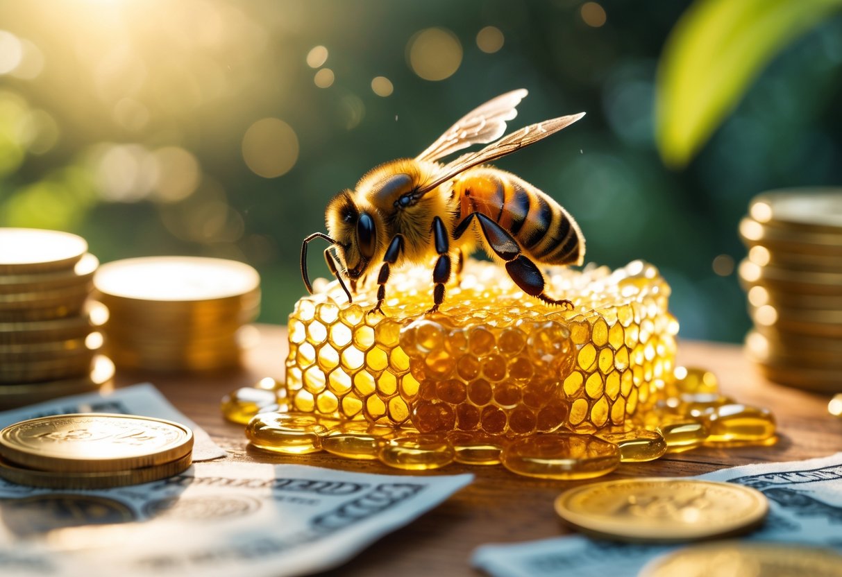 A close-up of a honeybee on a honeycomb with coins and banknotes blurred in the background.