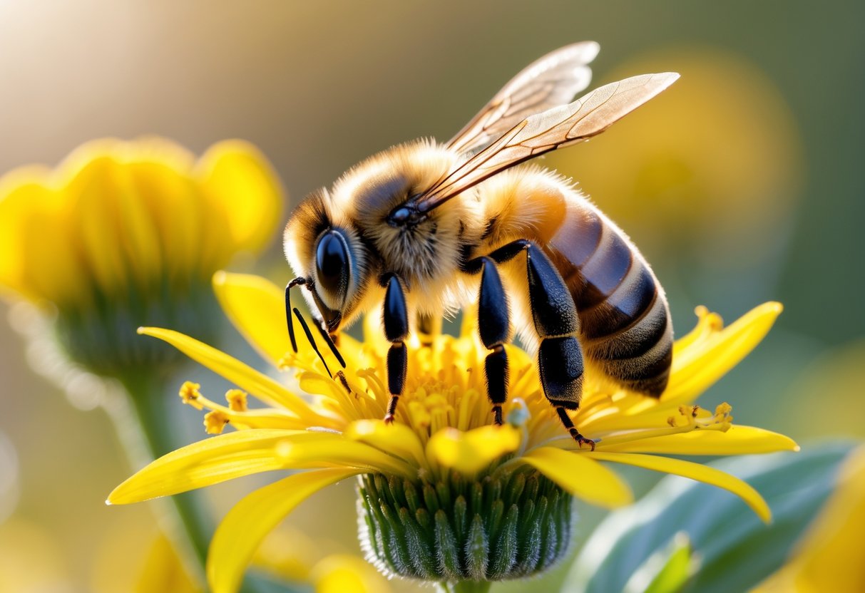 Close-up of a honeybee resting on a yellow flower with a blurred natural background.