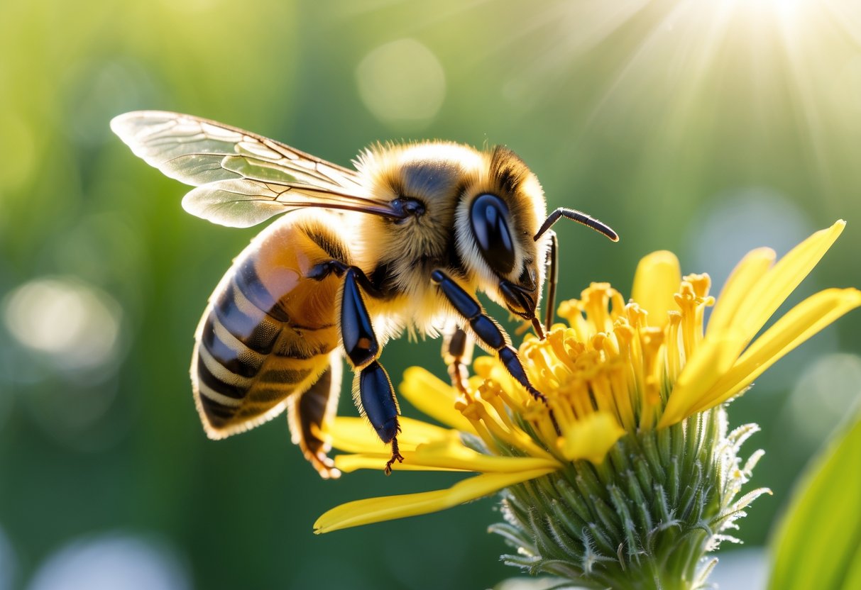 A close-up of a honeybee on a yellow flower with its stinger visible.