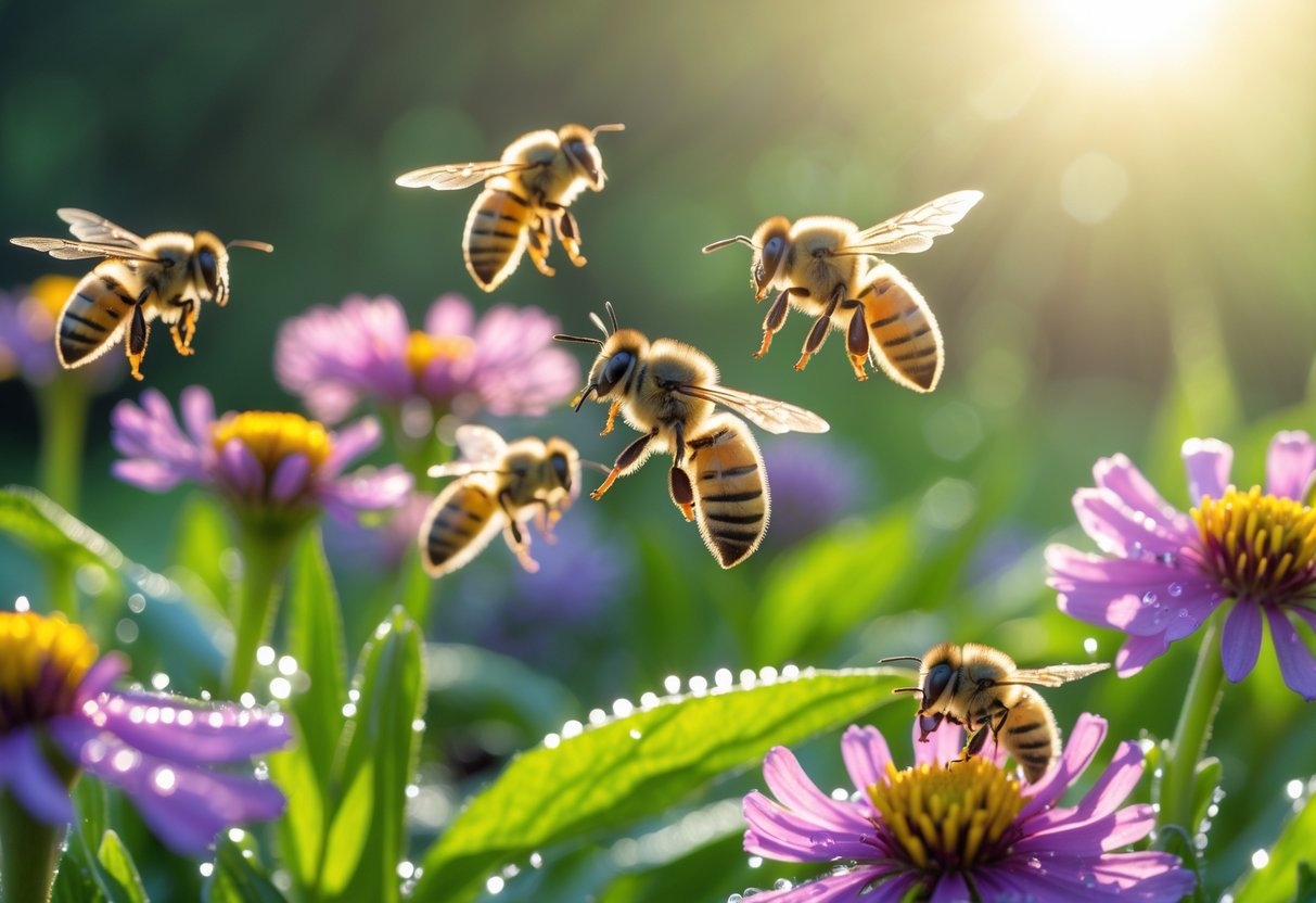 Close-up of bees flying and gathering nectar from flowers in a bright morning garden.
