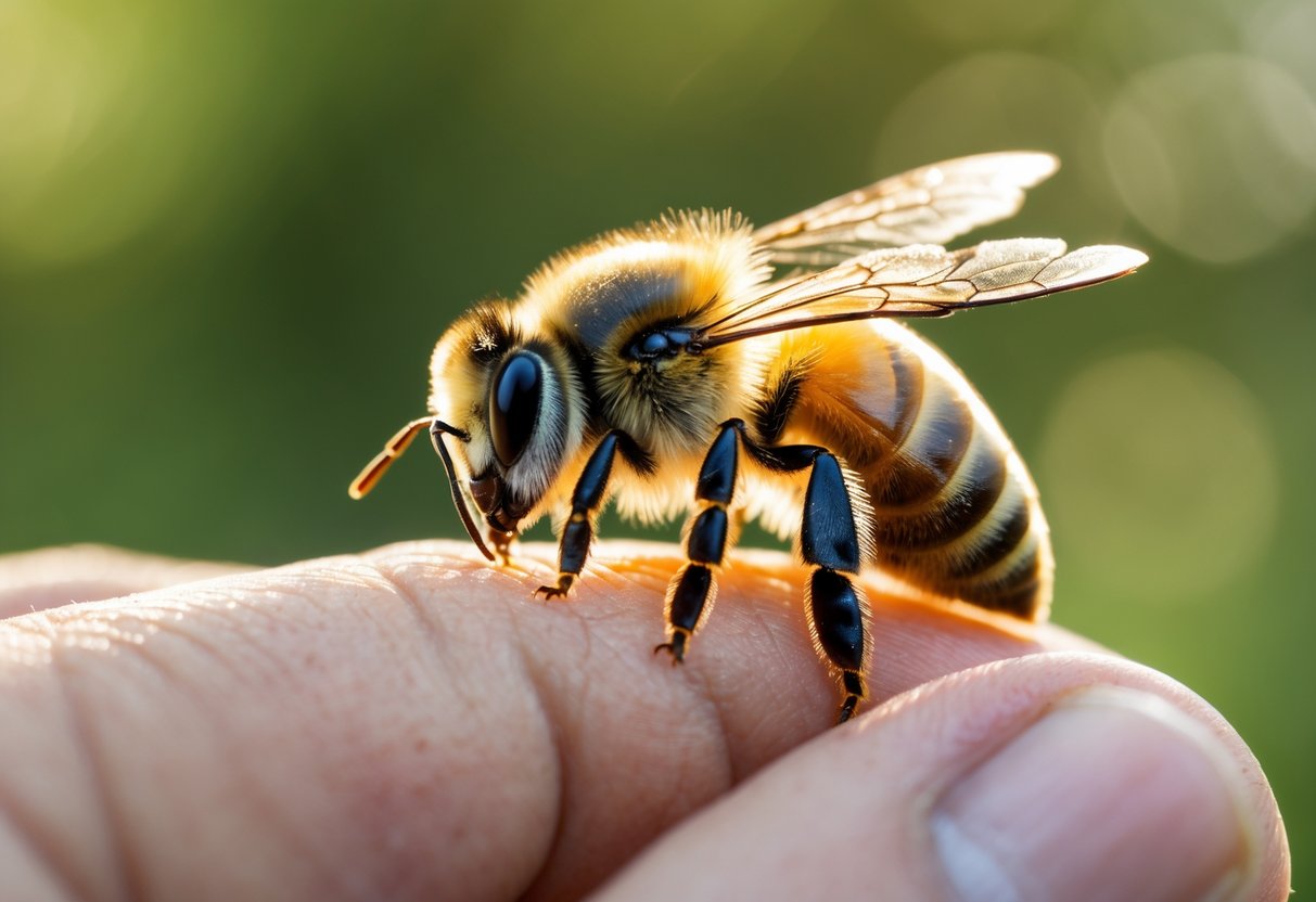 A honeybee resting calmly on a person's fingertip outdoors.