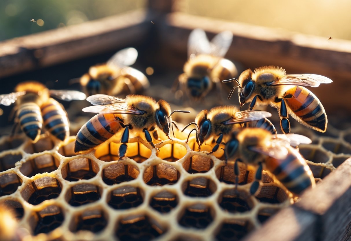 Close-up of several bees on honeycomb inside a hive showing alert and defensive behavior in soft natural light.