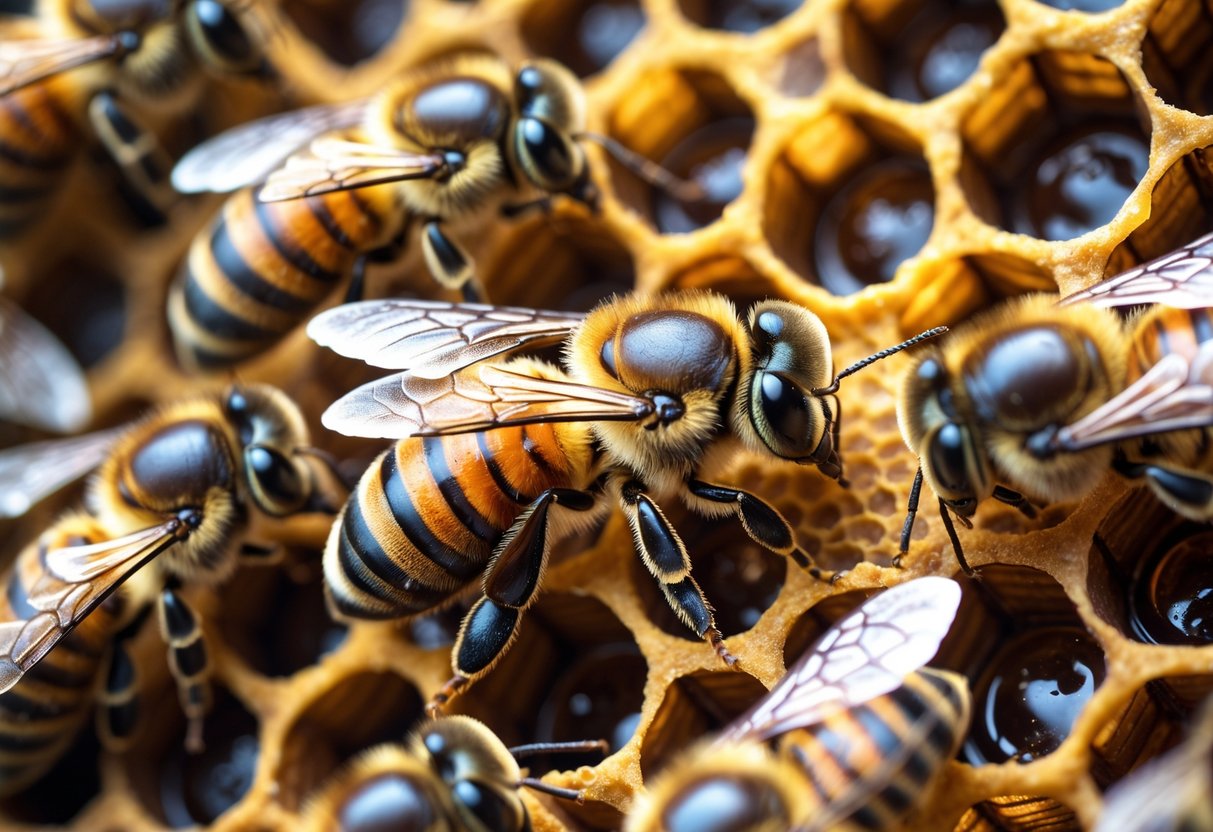 Close-up of a virgin queen bee surrounded by worker bees inside a honeycomb hive.