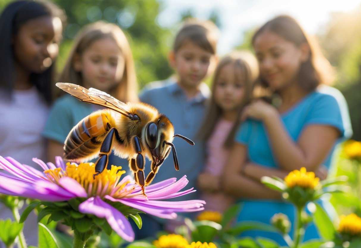A honeybee on a flower with people in the background observing it in a garden.