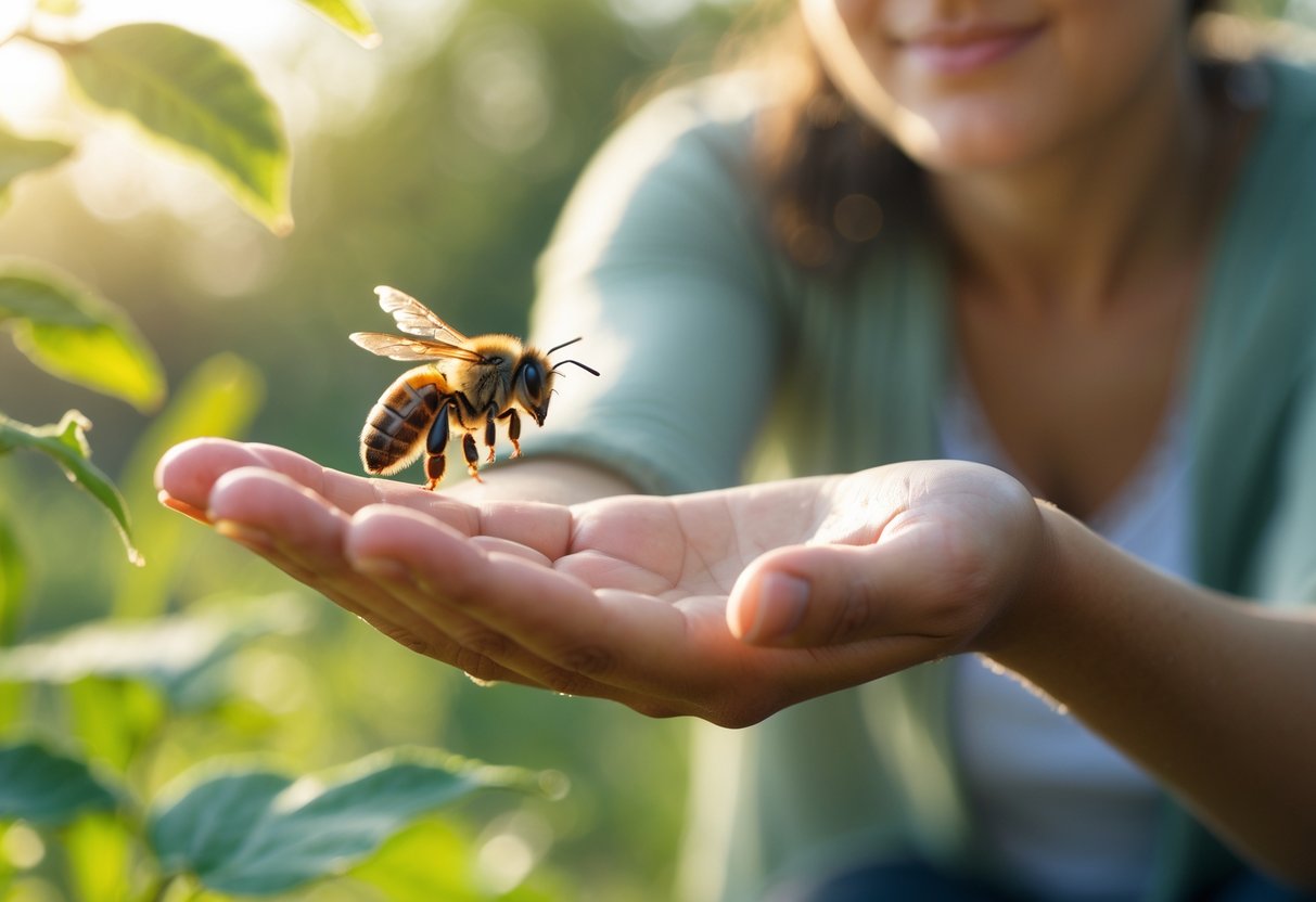 A person calmly observing a bee hovering near their hand in a natural outdoor setting.