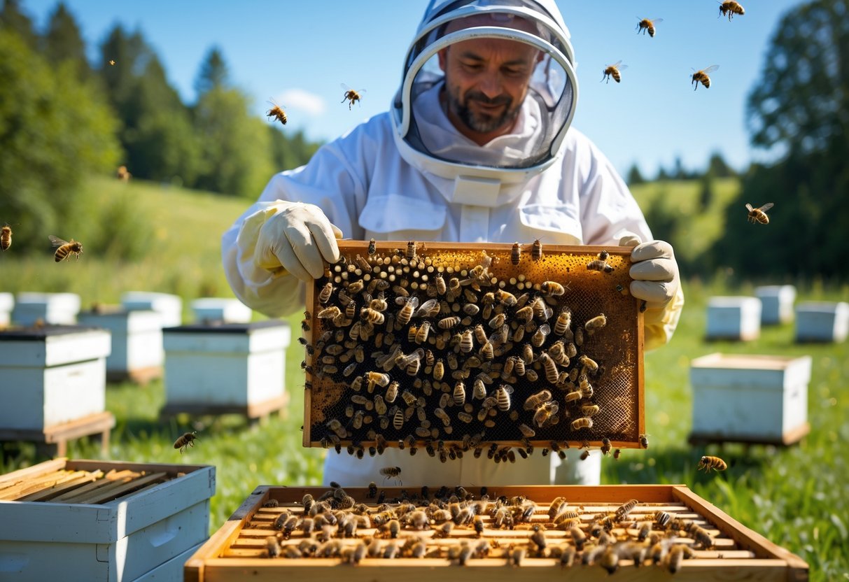 A beekeeper in protective gear holding a honeycomb frame covered with bees in a sunny apiary surrounded by beehives and greenery.