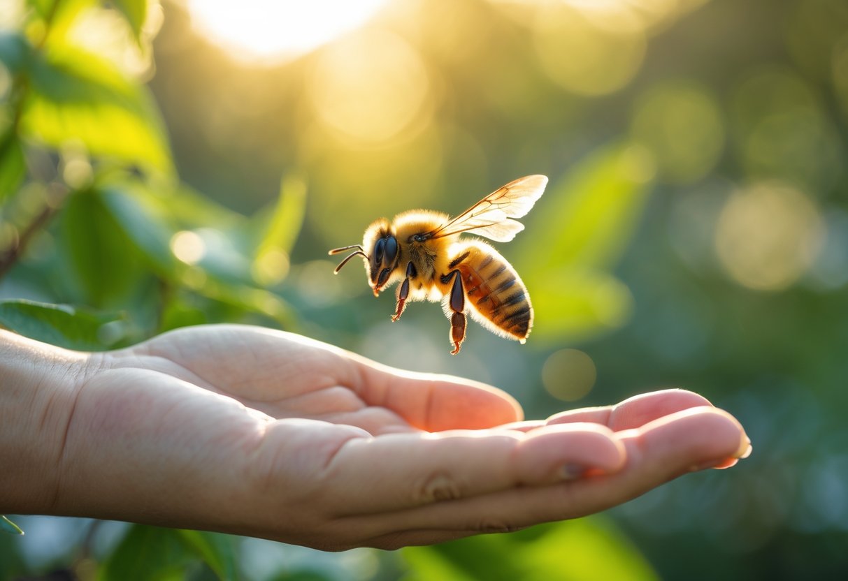 A honeybee flying near a person's open hand with green foliage in the background.