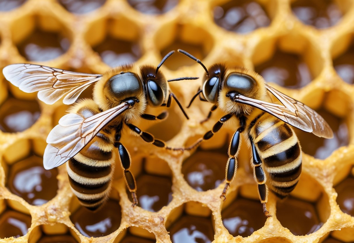 A queen bee and a regular worker bee side by side on a honeycomb, showing the size and shape differences between them.