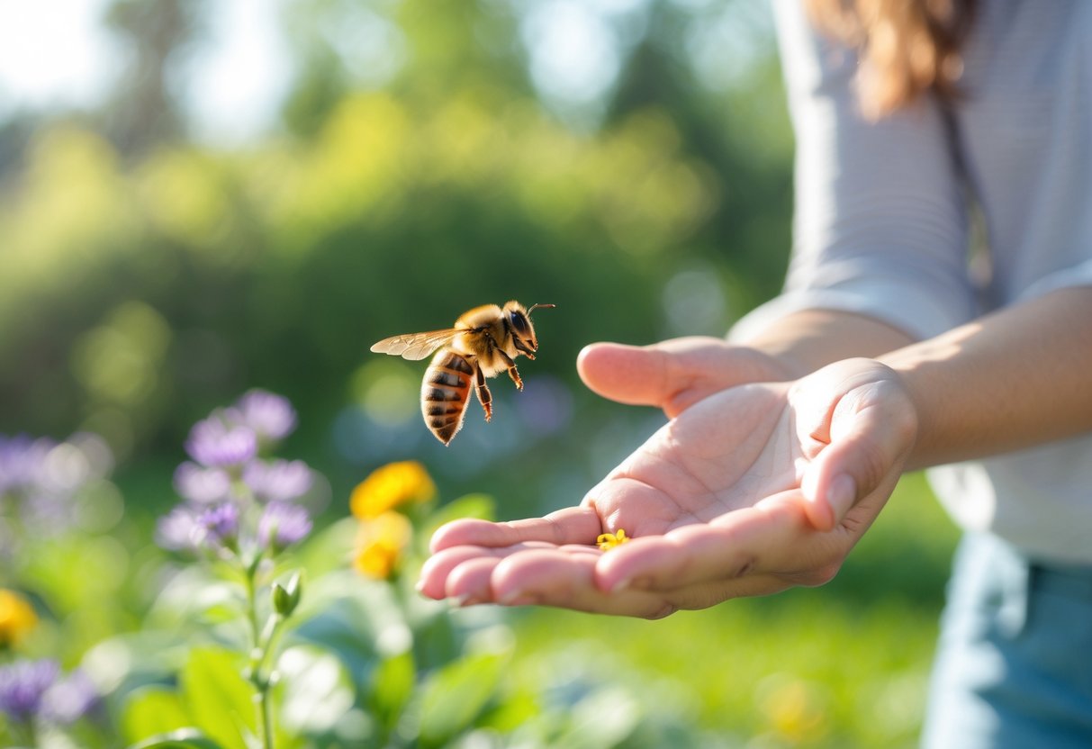 A person outdoors holding out their hand as a bee hovers nearby in a garden with green plants and flowers.