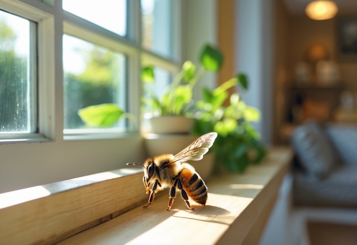 A bee resting on the edge of a sunlit window inside a cozy home with houseplants nearby.