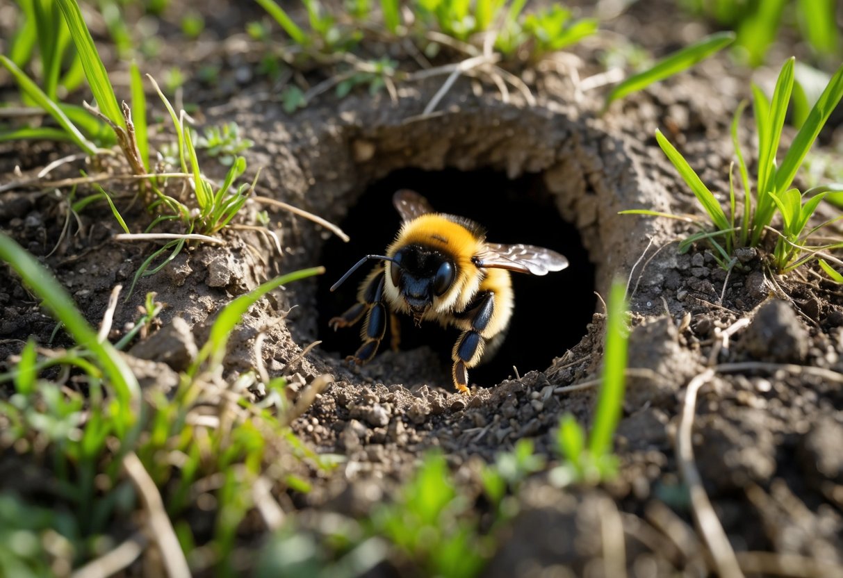 A bumblebee emerging from a small hole in the ground surrounded by grass and soil.