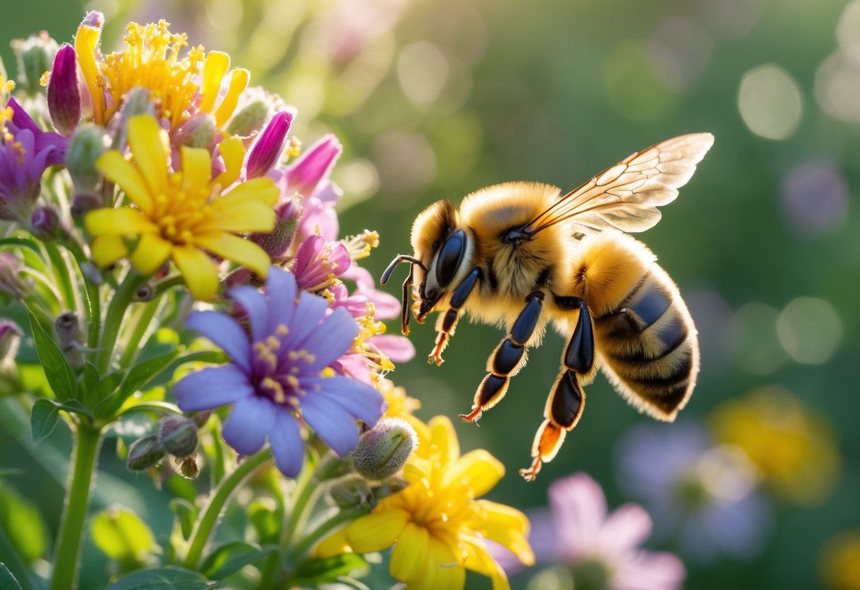 A bee flying toward colorful flowers in a green garden setting.