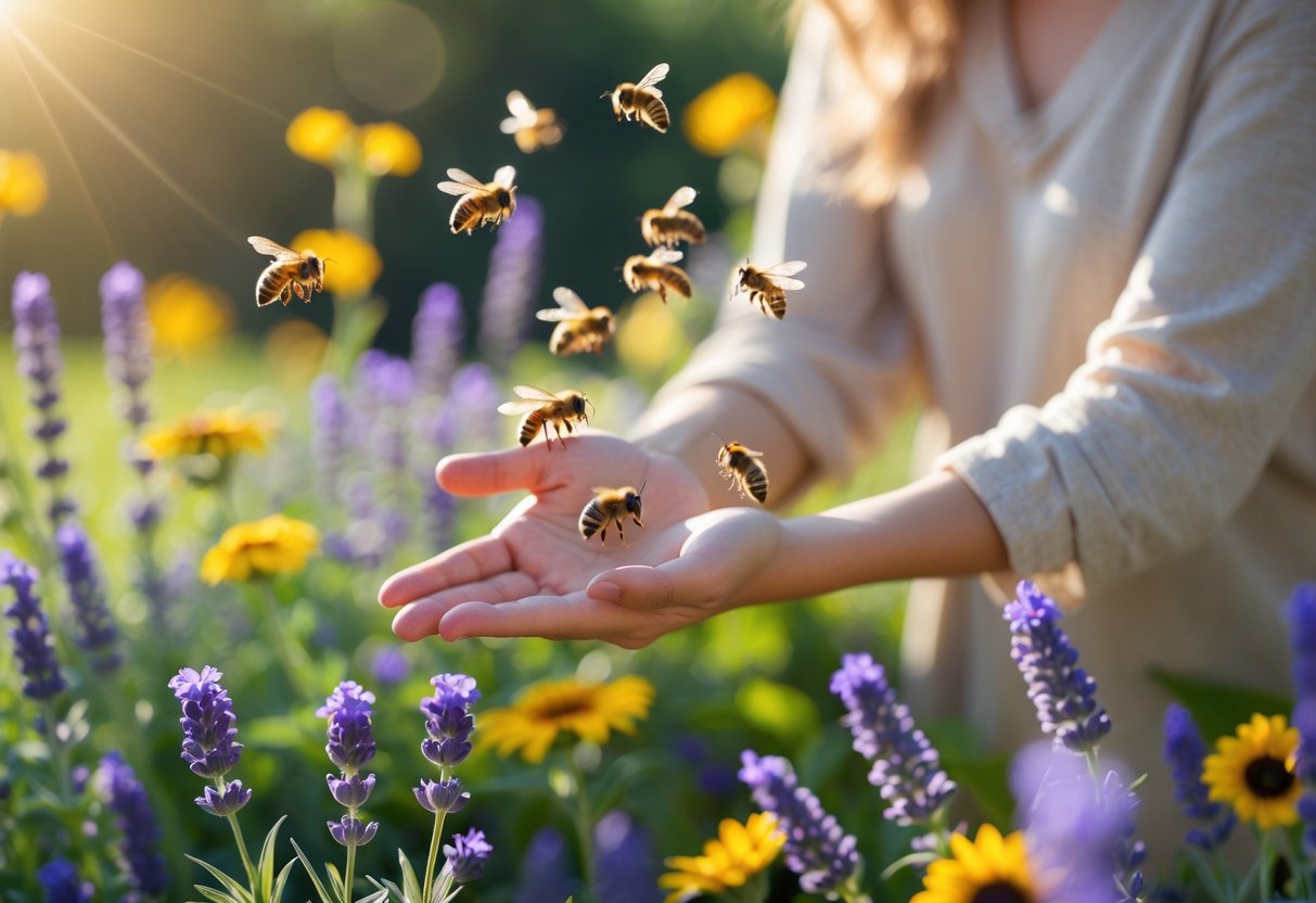 A person outdoors in a garden surrounded by blooming flowers with bees hovering near their hands and arms.