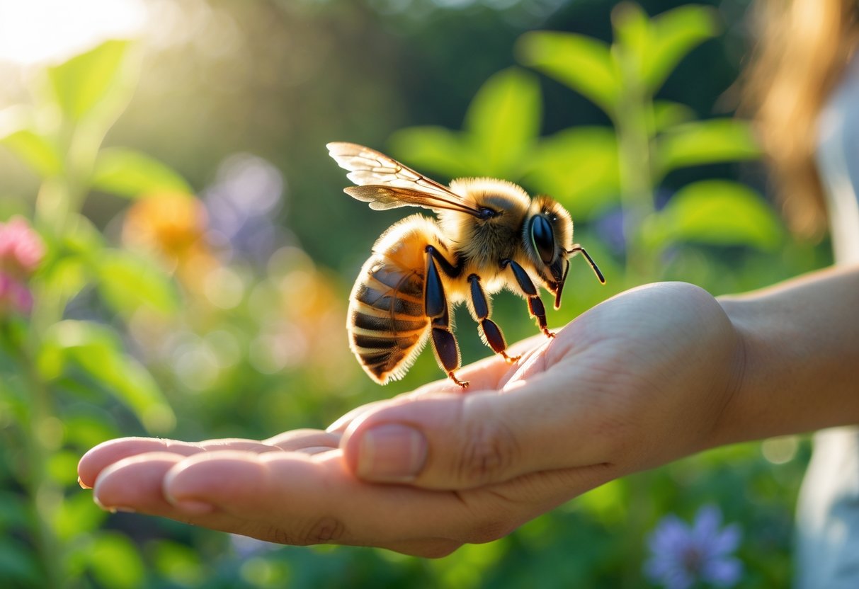 A honeybee landing on a person's outstretched hand in a garden with green leaves and flowers in the background.