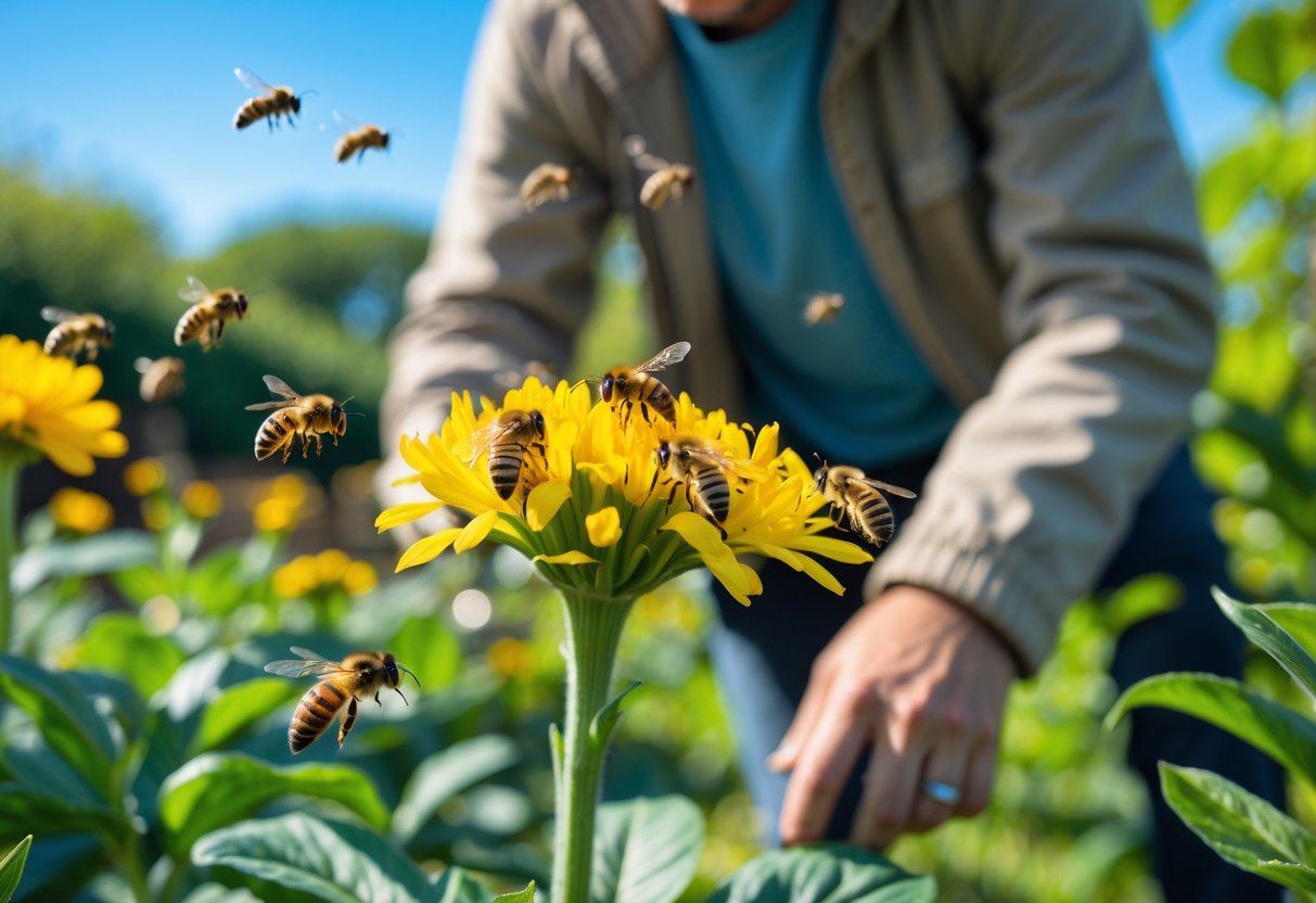 A person outdoors looking cautiously at bees gathered on a yellow flower in a garden.