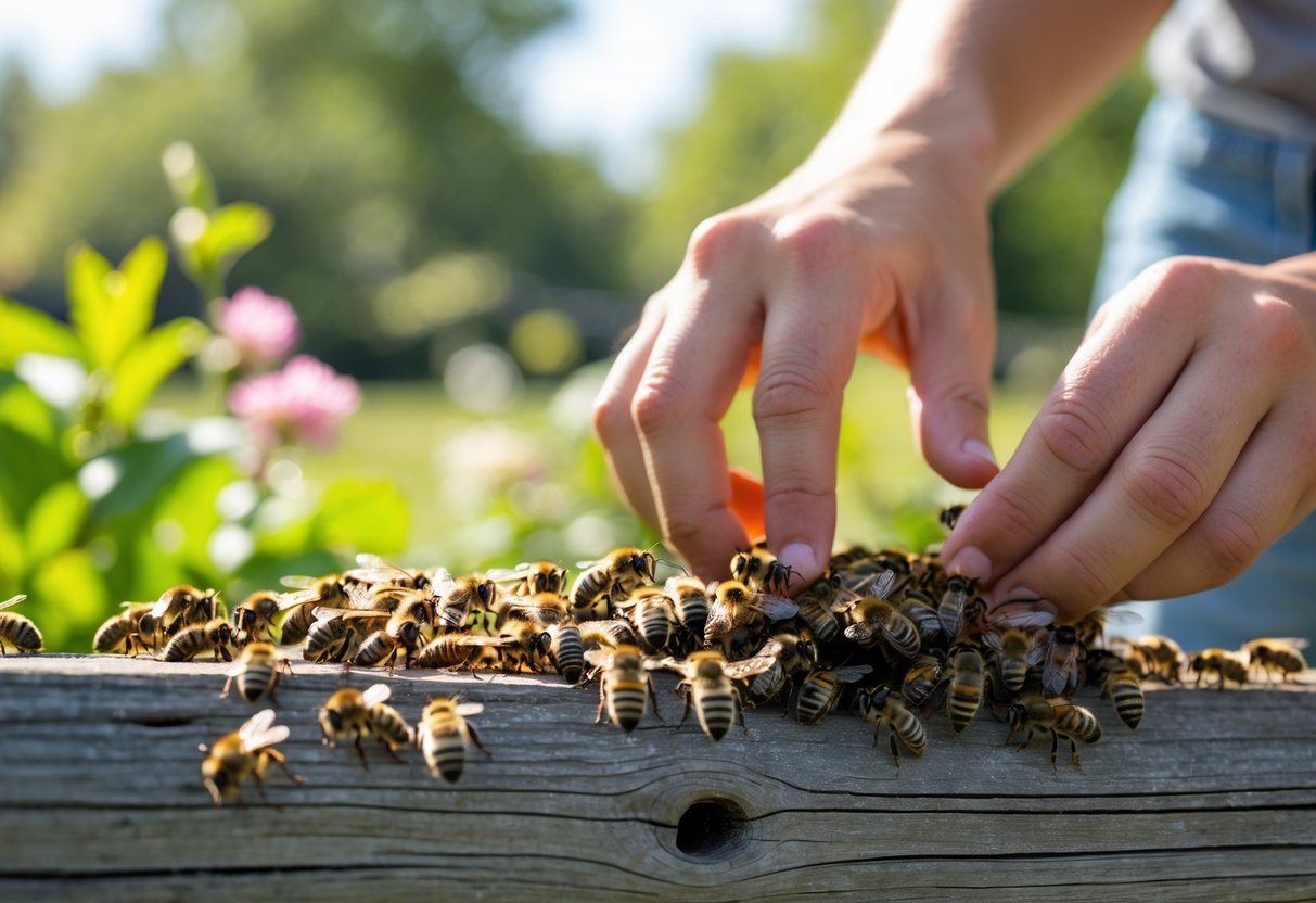 A person carefully observing a cluster of bees on wood in a sunny garden setting.