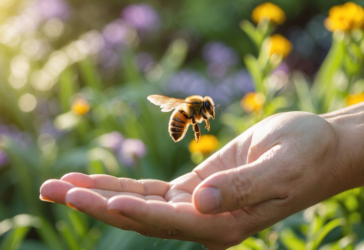 A bee hovering near a person's outstretched hand in a garden with flowers and greenery.