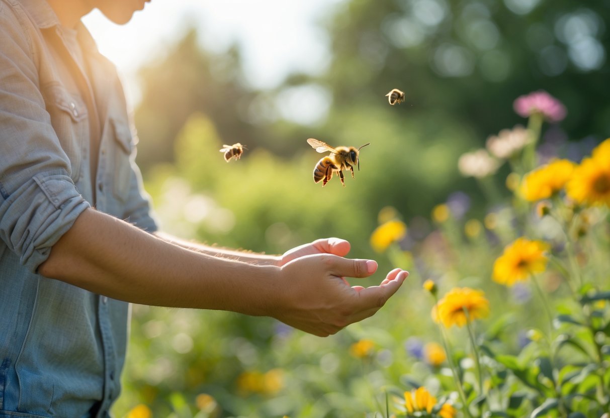 A person outdoors looking concerned as a bee hovers near their arm in a garden with flowers.