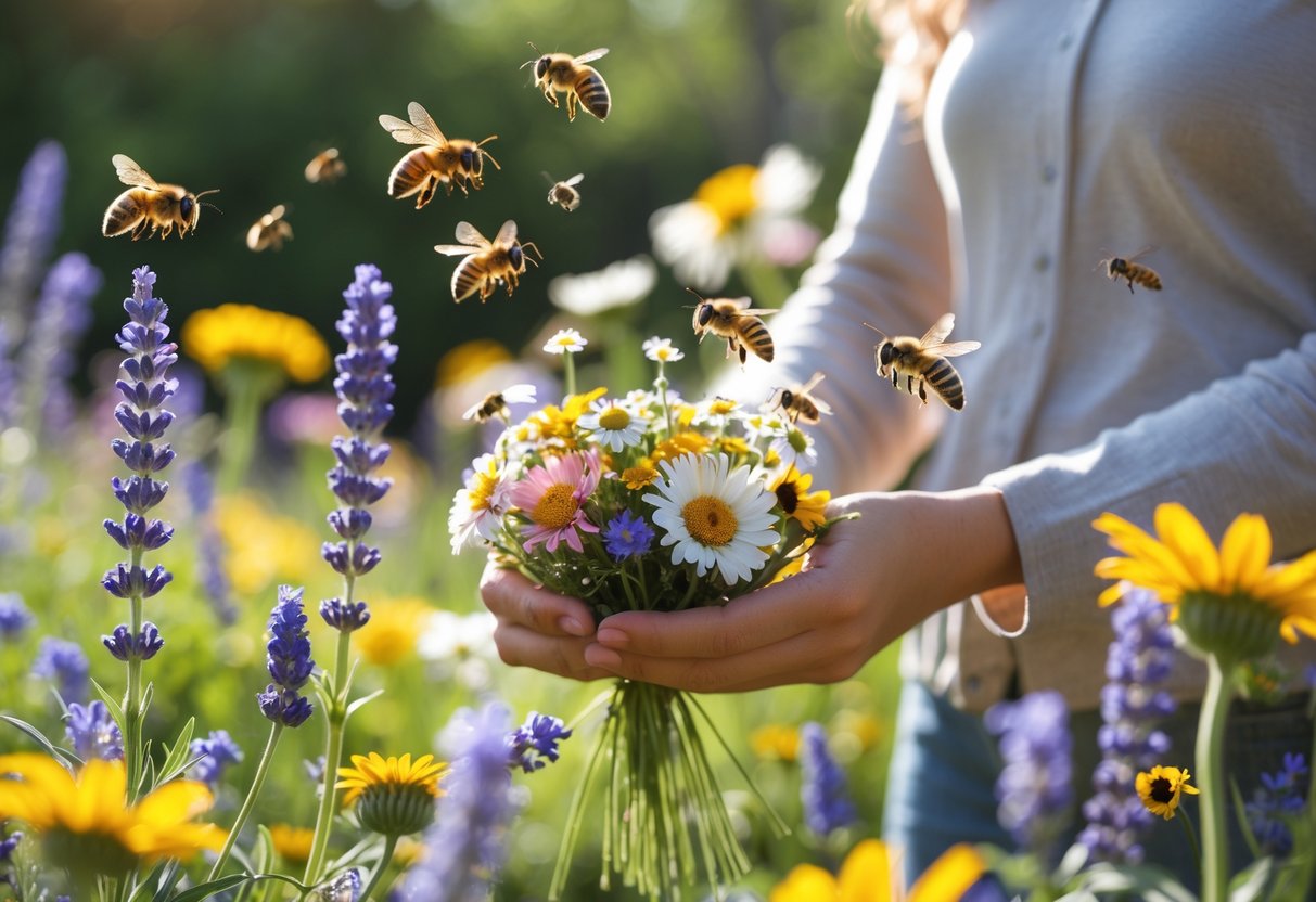 A person outdoors holding a bouquet of wildflowers with bees hovering and landing on the flowers in a sunny garden.