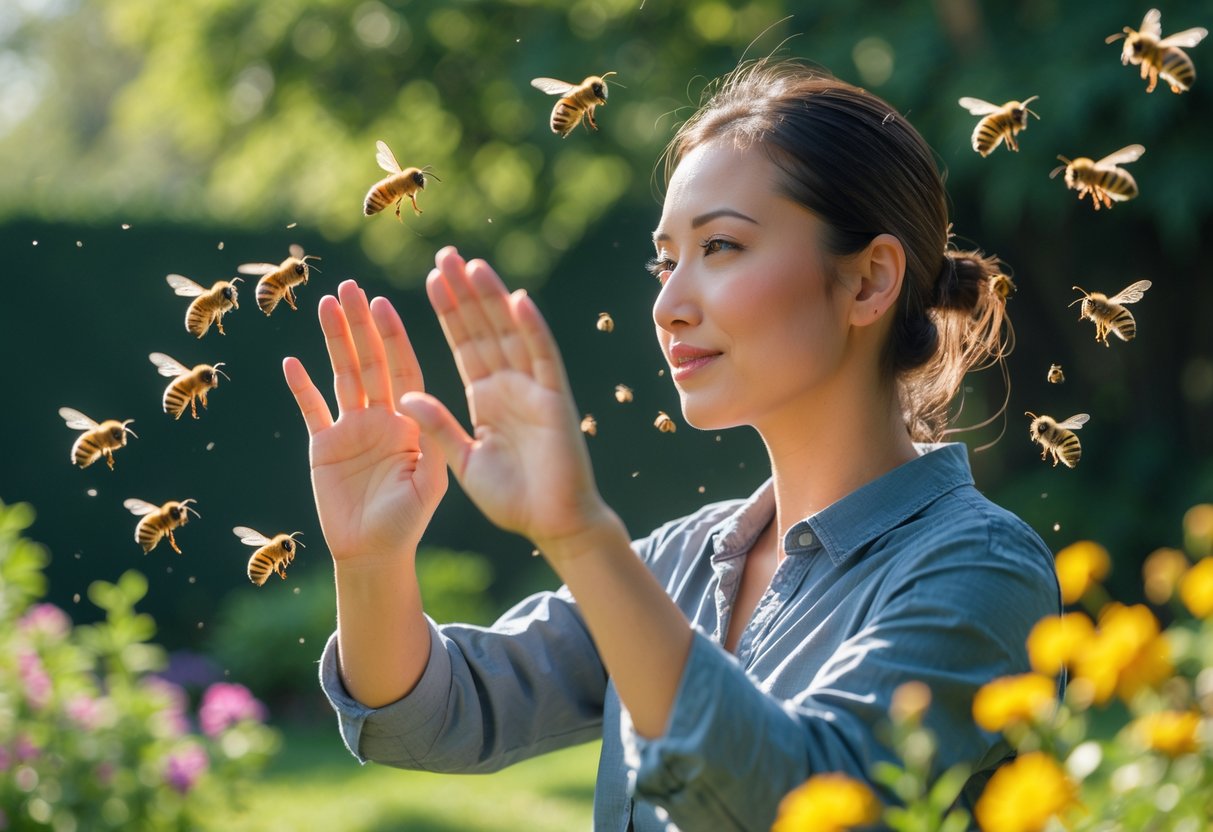 Person outdoors gently waving hand to shoo away bees flying around them in a garden.