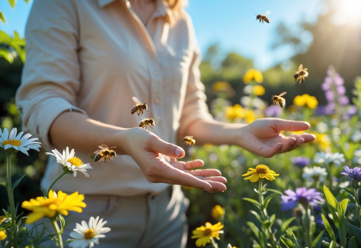 A person outdoors in a garden with blooming flowers and bees hovering around their hands and arms.