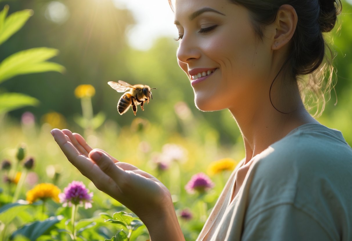 A person outdoors smiling gently as a bee hovers near their hand in a garden with flowers and greenery.