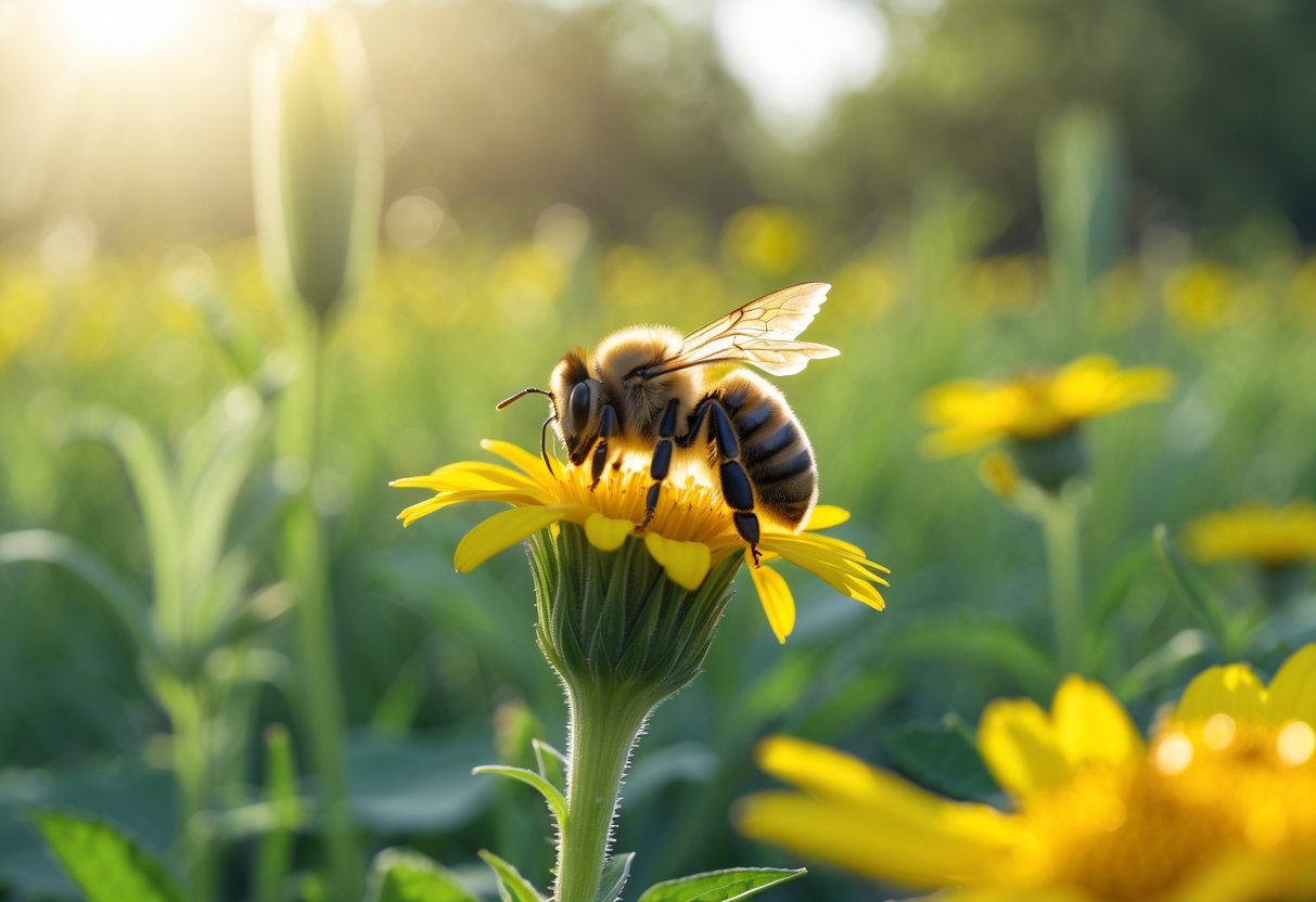 A close-up of a bee sitting on a yellow flower in a sunlit meadow.