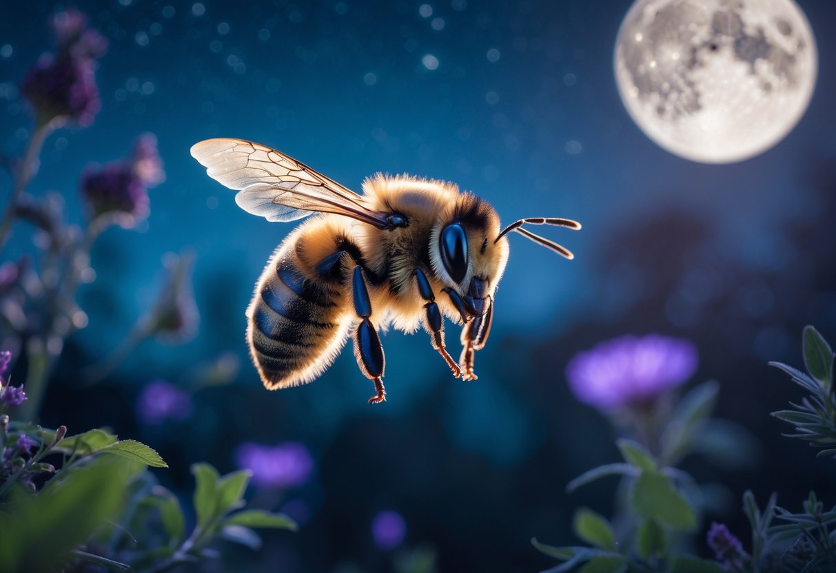 A close-up of a bee flying at night with a dark sky and faint flowers in the background.