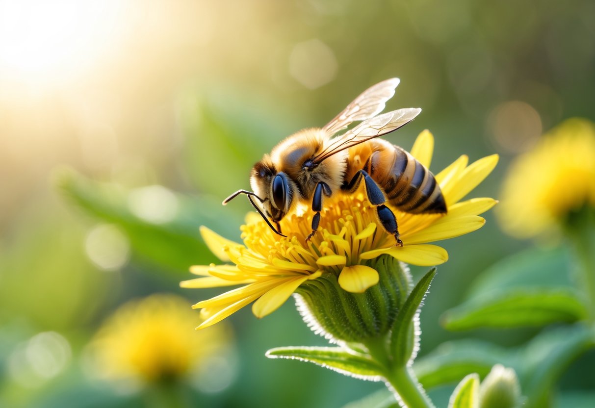 A honeybee resting on a yellow flower with green foliage in the background.