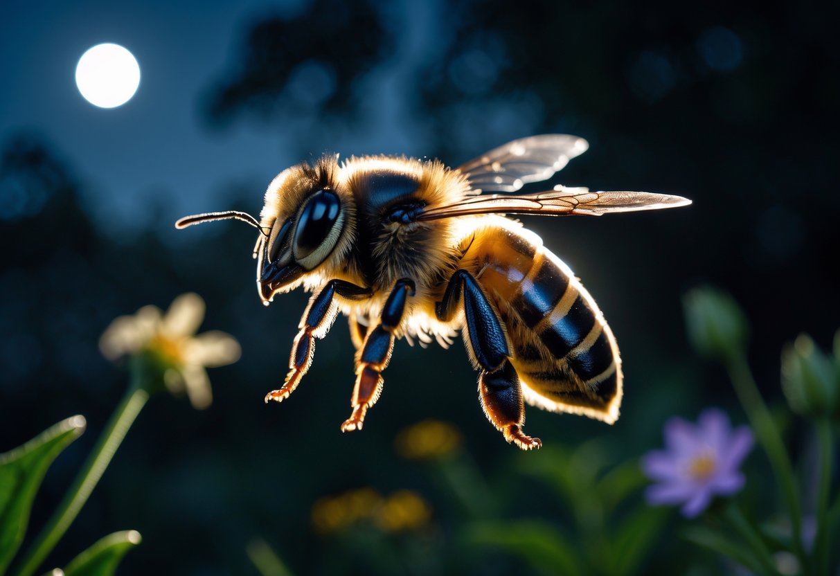 A close-up of a bee flying at night with a dark garden background and soft moonlight.