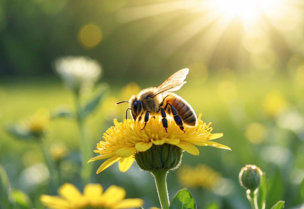 A honeybee resting on a yellow flower in a sunlit meadow with blurred greenery in the background.