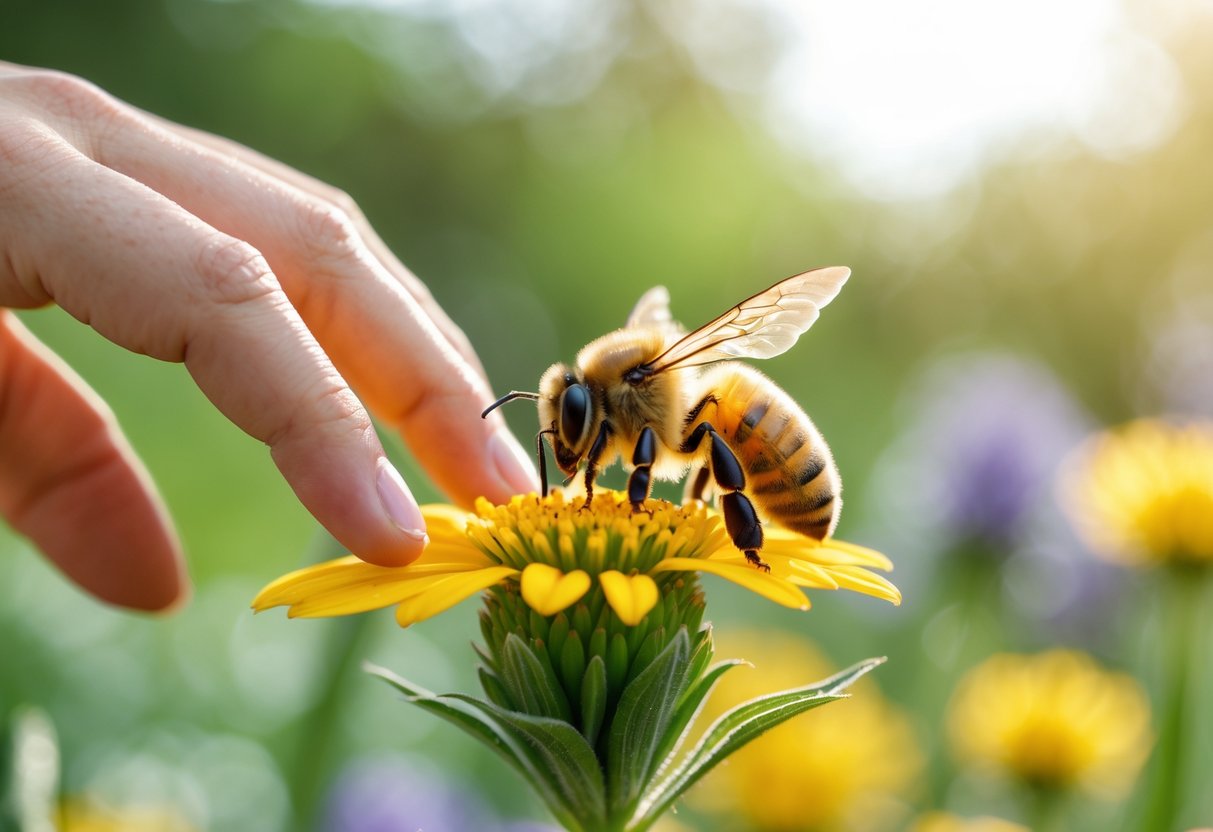A honeybee sitting on a yellow flower with a human hand reaching close but not touching it.