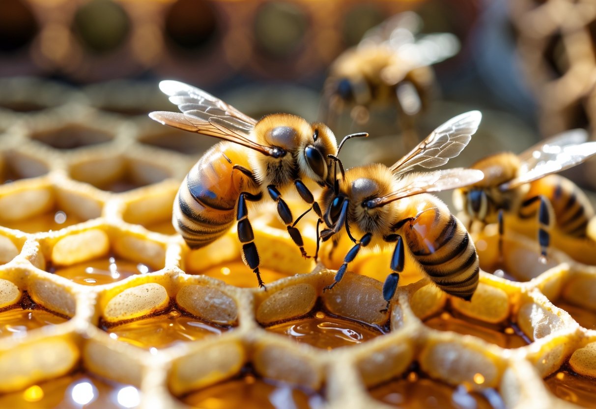Two honeybees touching antennae inside a honeycomb-filled beehive.