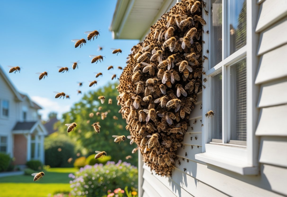 A swarm of bees clustered on the outside wall of a house near a window, with some bees flying nearby.
