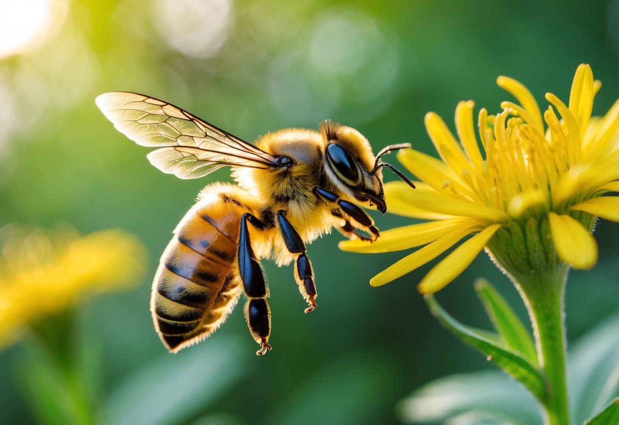A honeybee flying toward a yellow flower with green foliage in the background.