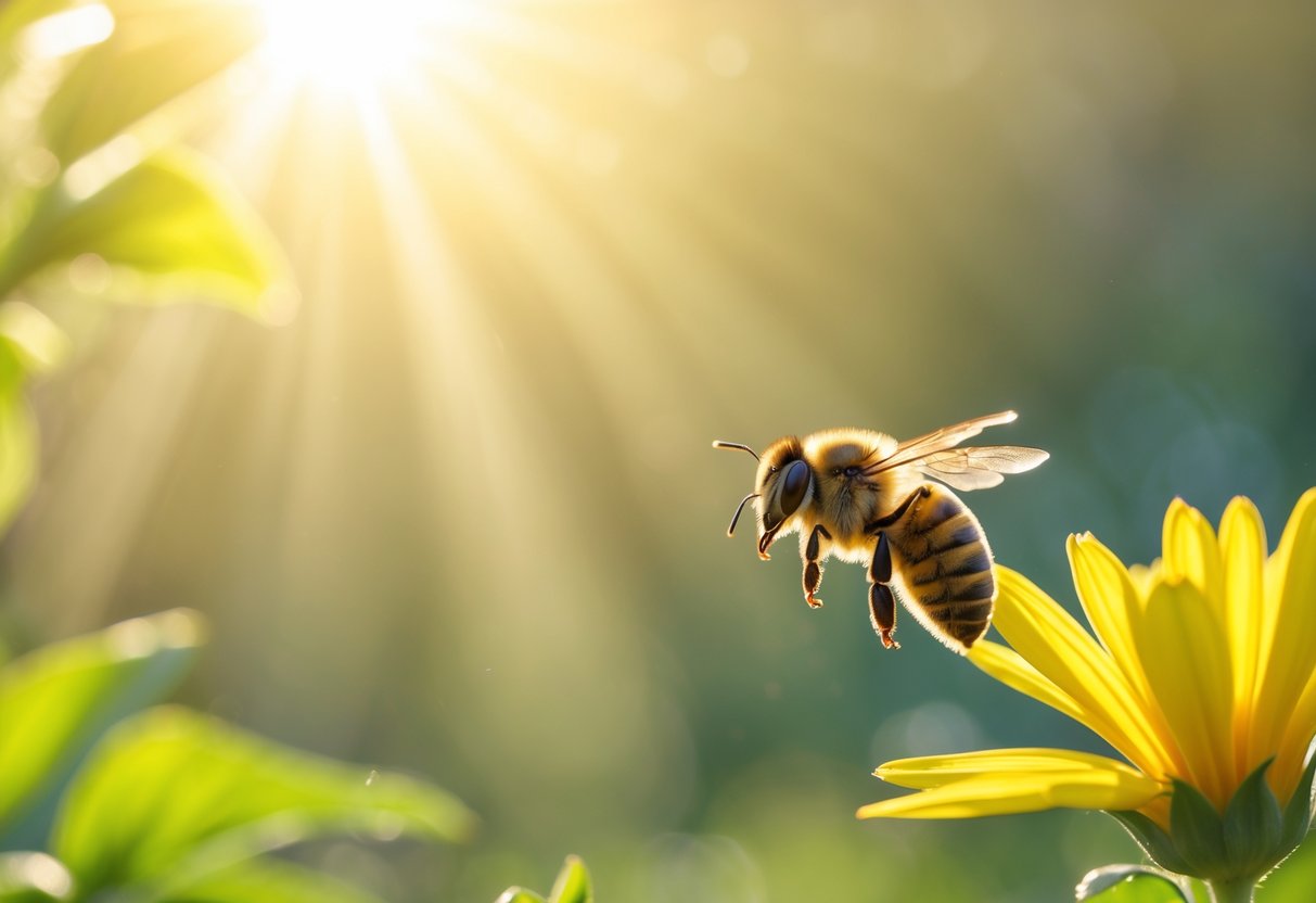 A close-up of a bee hovering near a yellow flower with sunlight filtering through green leaves in the background.