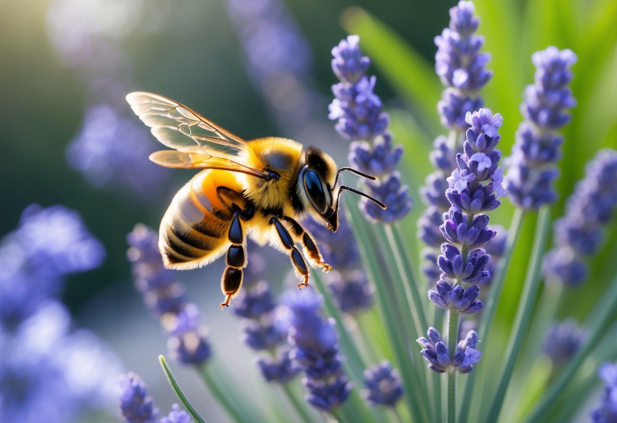 A honeybee flying near purple lavender flowers in a garden.