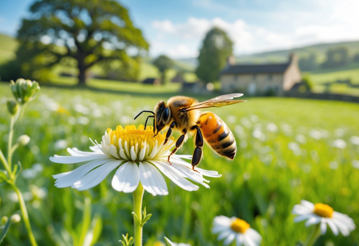 A honeybee resting on a wildflower in a green meadow with rolling hills and a stone cottage in the background.